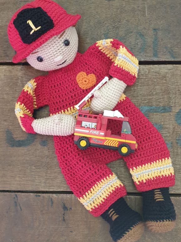 Melly Teddy Ragdoll Crochet Lovey Fireman Fred